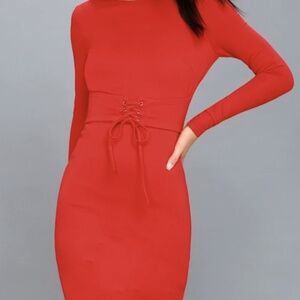Lulus Hearts Aflame Red Lace-up Long Sleeve Bodycon Dress - Size Large